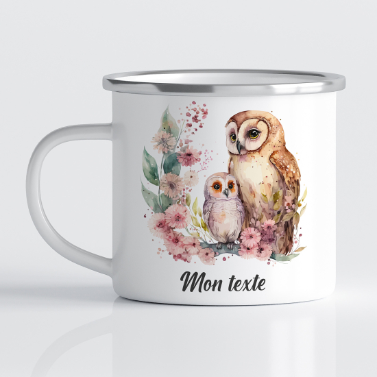 Emaille tasse personalisiert für Kinder - Blumen-Eule