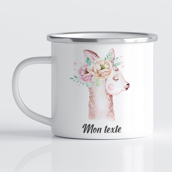 Emaille tasse personalisiert für Kinder - Lama Blumen