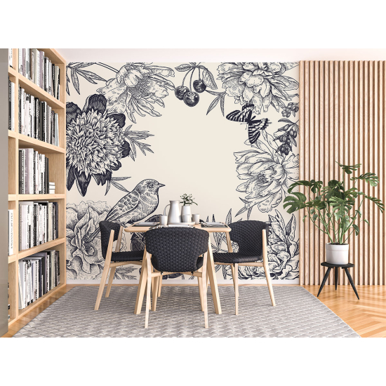 Fototapete - Blumen Vögel