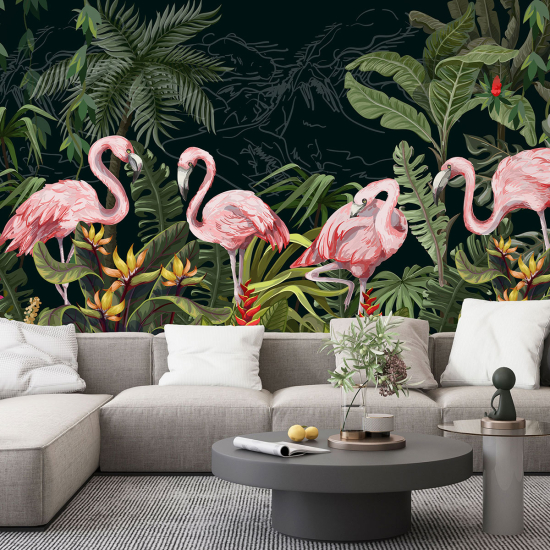 Fototapete - Rosa Flamingos Blumen
