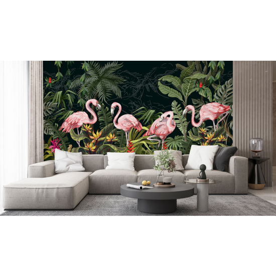 Fototapete - Rosa Flamingos Blumen