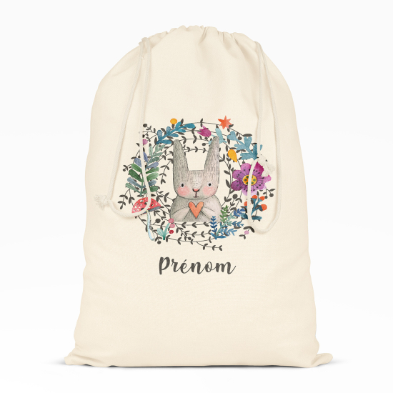 Kordelzugbeutel Kind personalisiert - Hase Blumen