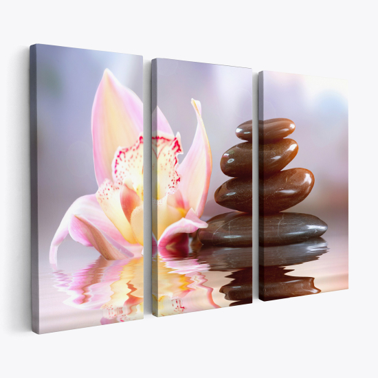 Leinwandbild 3-teilig - Blumen Kieselsteine