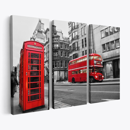 Leinwandbild 3-teilig - Londoner Kabine und Bus