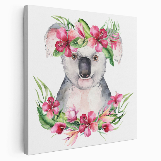 Leinwandbild für Kinderzimmer - Koala Blumen