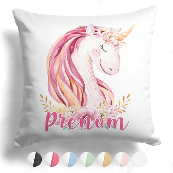 Personalisiertes Kissen mit farbiger Rückseite - Einhorn Blumen
