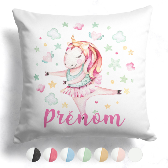 Personalisiertes Kissen mit farbiger Rückseite - Einhorn-Tänzerin