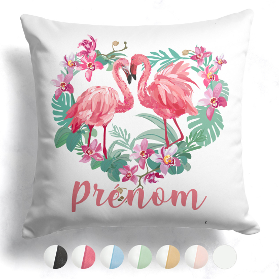 Personalisiertes Kissen mit farbiger Rückseite - Flamingos Herz