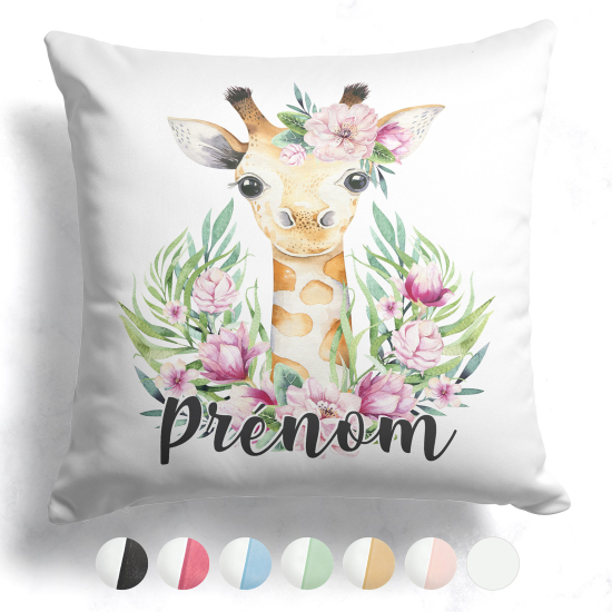 Personalisiertes Kissen mit farbiger Rückseite - Giraffe Blumen