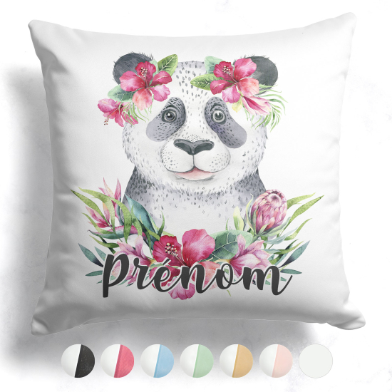 Personalisiertes Kissen mit farbiger Rückseite - Panda Blumen