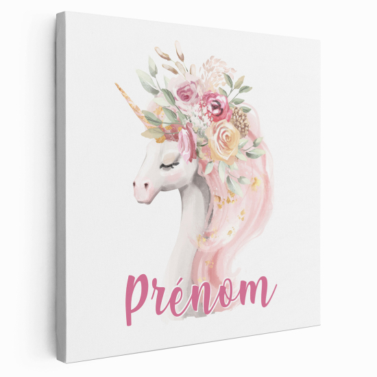 Personalisiertes Leinwandbild Kinderzimmer - Einhorn Blumen