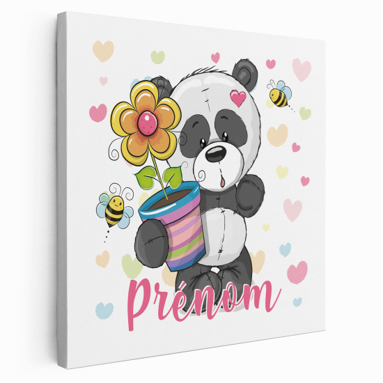 Personalisiertes Leinwandbild Kinderzimmer - Panda mit Blumentopf