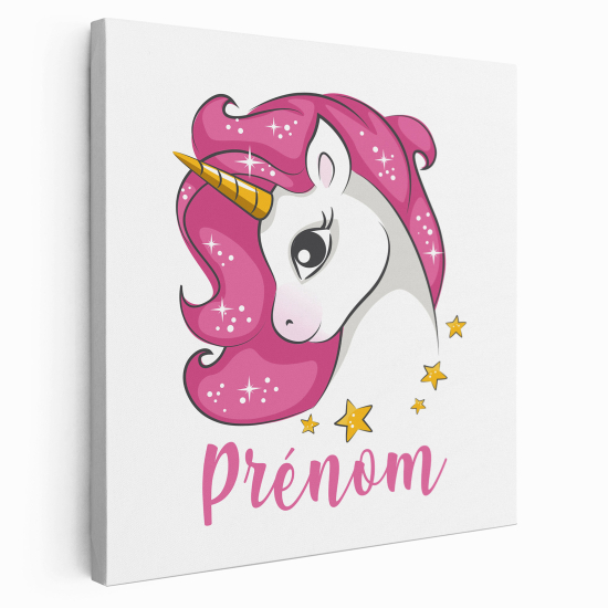 Personalisiertes Leinwandbild Kinderzimmer - Rosa Einhorn Sterne