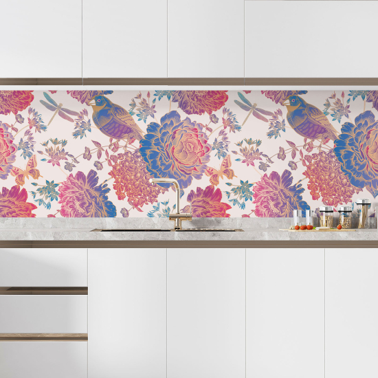 Selbstklebende Küchenrückwand - Blumen Vögel