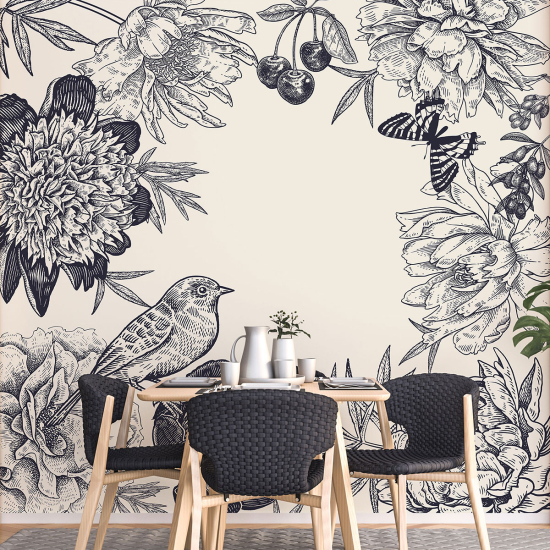 Fototapete - Blumen Vögel