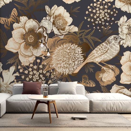 Fototapete - Blumen Vogel