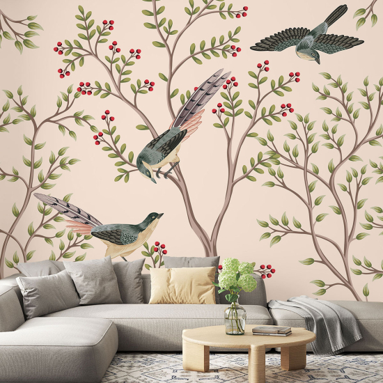 Fototapete - Blumen Vögel