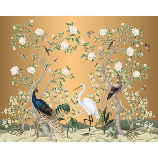 Panoramatapete - Blumen Vögel